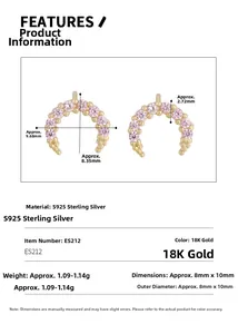 Macro detail of S925 silver half moon earrings with pink zircon in 18K gold finish
