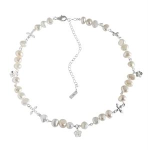 Baroque freshwater pearl necklace with silver bee and plum flower pendants on white background