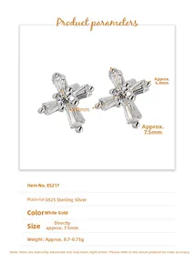Macro detail of S925 sterling silver cross studs with cubic zirconia and size specs