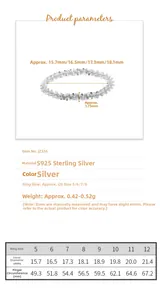 Size chart for S925 sterling silver minimalist ring showing US sizes 5 to 12 measurements
