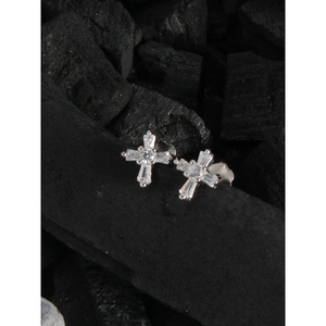 Minimalist S925 sterling silver cross stud earrings with clear zircon on black stone base