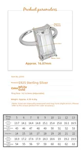 Size guide for S925 sterling silver ring with adjustable band and product dimensions