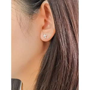 S925 sterling silver cross stud earrings with sparkling white zircons on ear lobe