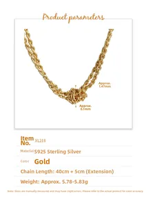 Détail du collier noeud torsadé en argent S925 doré 40+5cm avec dimensions