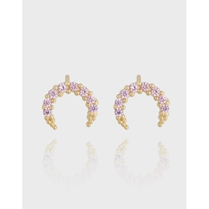 S925 Sterling Silver Crescent Moon Stud Earrings For Women 18K Gold Plated Pink Rhinestone Inlaid Minimalist Jewelry