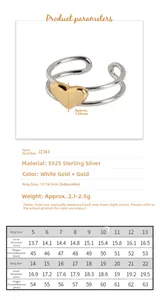 Size chart for S925 sterling silver heart ring with adjustable open band dimensions