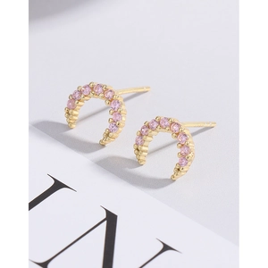 Minimalist S925 sterling silver crescent moon stud earrings with pink cubic zirconia