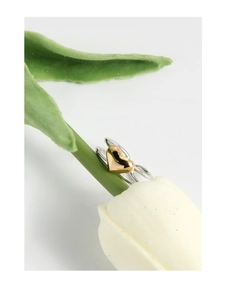 Macro shot of silver S925 double-layer ring with gold heart on tulip flower stem