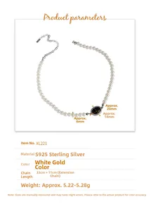 Detail of S925 silver necklace featuring 6mm pearls and black agate oval pendant