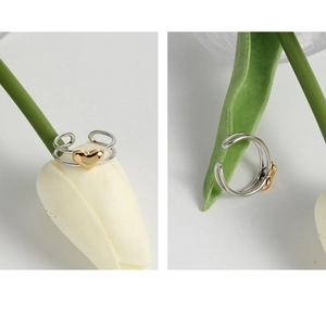 Detail of a dual-layer silver ring featuring a central gold heart on a floral background