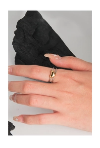 Detailed close-up of a dual-layer S925 silver ring featuring a central gold heart charm