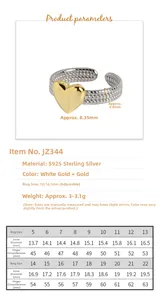 Detailed size chart for S925 sterling silver heart ring with inner diameter and finger size