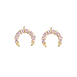 Minimalist S925 sterling silver crescent stud earrings with pink zircon in gold finish