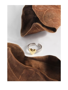 Artistic detail of S925 silver twist ring with a gold heart set between dry leaves