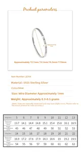 Size chart for 1mm textured S925 sterling silver ring showing diameters and circumferences