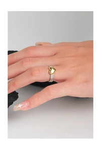 Detail of twisted silver band ring with a polished gold heart on the finger