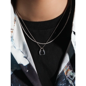 Minimalist S925 sterling silver layered necklace with clear square lock pendant for women