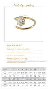 Detailed size chart for S925 sterling silver ring showing diameter and circumference