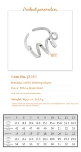 Detailed size chart for S925 sterling silver wave ring with diameter and circumference data