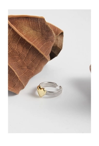 Macro detail of two-tone braided silver band with a polished gold heart center