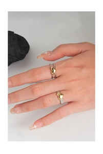 Detail of silver twisted band and sleek double ring with gold heart charm on hand