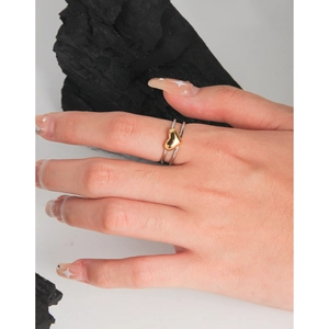 Minimalist S925 sterling silver double layer ring with a 3D gold heart accent for women