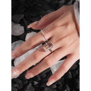S925 sterling silver minimalist ring set with rectangle zircon and pave band on model