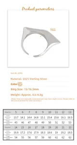 Size guide for S925 sterling silver geometric ring showing diameter and circumference