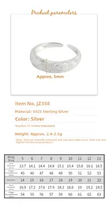 Size chart for S925 sterling silver frosted adjustable ring with measurement guide