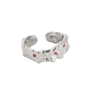 Irregular textured S925 sterling silver open ring with red zircon inlays for women