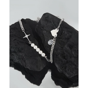 S925 sterling silver necklace with cross star, white pearls and heart pendant on stone