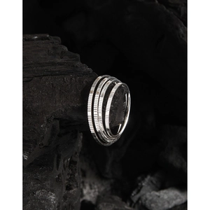 Minimalist S925 sterling silver 1mm textured rings displayed on a charcoal base