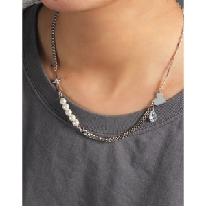 S925 sterling silver layered necklace featuring heart cross charms and white faux pearls