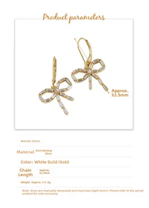 Detail view of S925 sterling silver bow earrings with zircon stones and sizing info