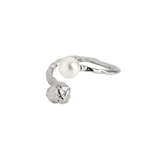 S925 Silberring mit Perle und Tulpenknospe, unregelmäßige organische Textur für Damen