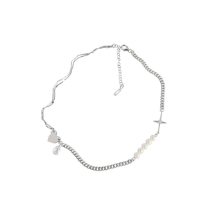 S925 silver necklace with heart, pearl and star pendants on white background
