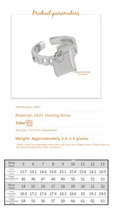 Size chart showing inner diameter and circumference for S925 sterling silver chain rings