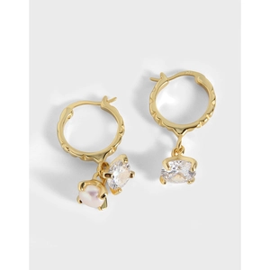 Boucles d'Oreilles Anneaux en Argent Sterling 925 Minimalistes Avec Zirconium et Künstliche Perle Asymétriques Élégantes Or Argent pour Femme