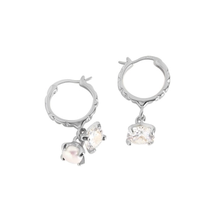 Boucles d'oreilles créoles en argent S925 avec zircons et perles blanches rondes
