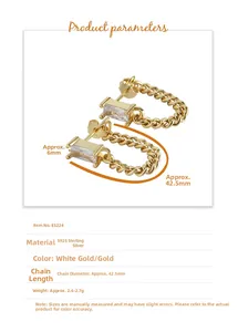 Detailed technical diagram of S925 silver earrings with rectangle zircon and cuban chain
