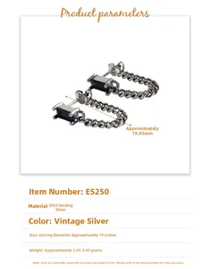 Detail of S925 sterling silver chain earrings with square black zircon and dimensions