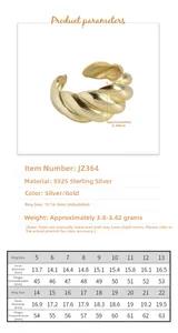 Size guide for S925 sterling silver croissant ring with detailed diameter measurements