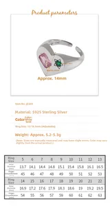 Size chart and specifications for S925 sterling silver heart ring with zircon stones