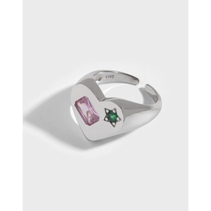 S925 Sterling Silver Heart Ring For Women Elegant Pink Rectangular Green Star Rhinestone Inlaid Adjustable Open Ring Jewelry Gift