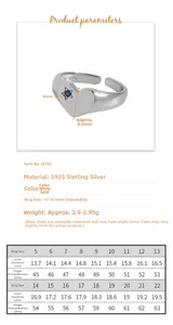 Detailed size chart for S925 sterling silver heart ring showing inner diameter and circumference