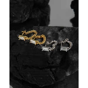 Minimalist S925 sterling silver chain stud earrings with emerald cut cubic zirconia
