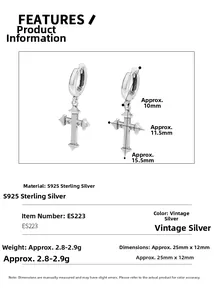Specifiche dettagliate degli orecchini a croce in argento S925 con misure e peso indicati