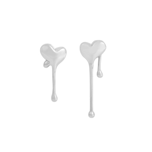 Minimalist S925 sterling silver asymmetrical liquid heart stud earrings on white background