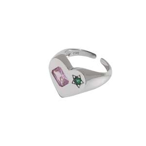 Minimalist S925 sterling silver heart ring with pink zircon and green star gemstone