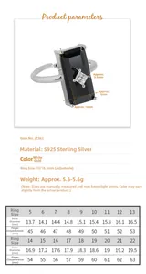 Detailed size chart and dimension specifications for the S925 sterling silver black ring